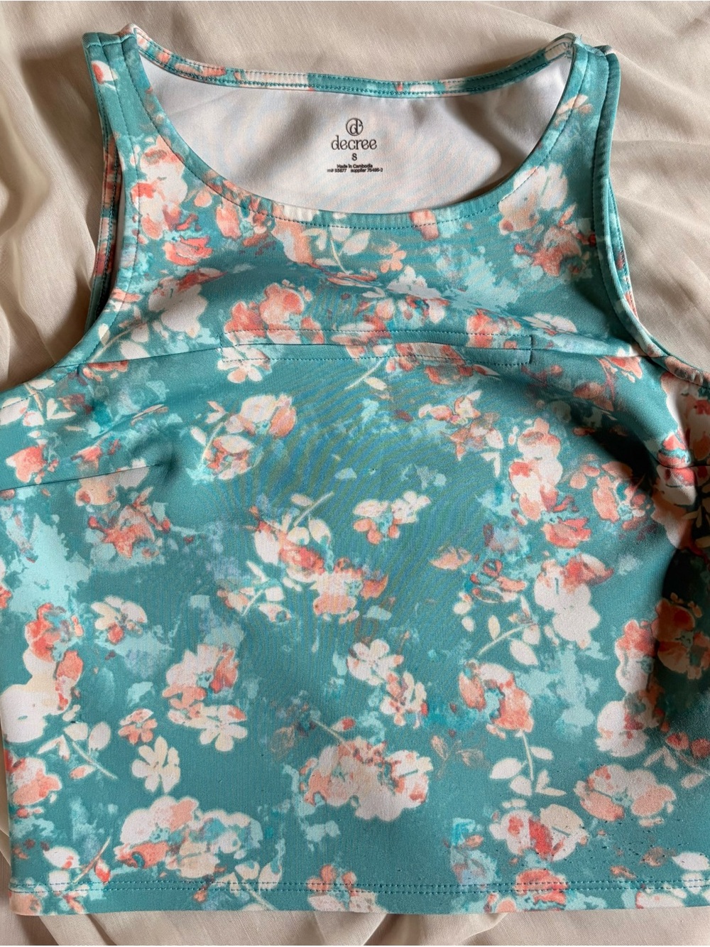 Decree Teal Floral Crop Tank with Coral and White Blossoms